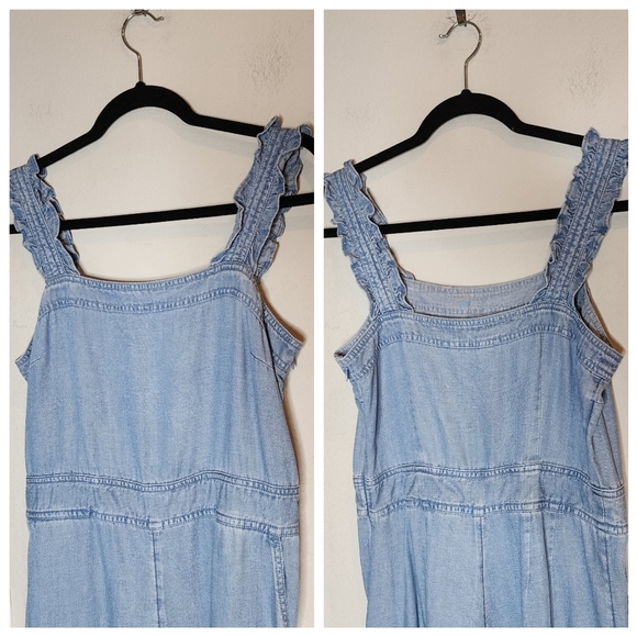 Loft Linen Lyocell Chambray Ruffle Strap Square Neck Jumpsuit.  Size 2. Pockets - Picture 6 of 16